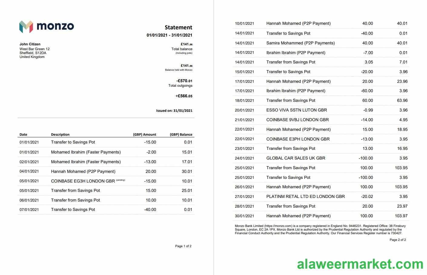 United Kingdom Monzo bank statement template in Word and PDF format (3 pages), good for address prove